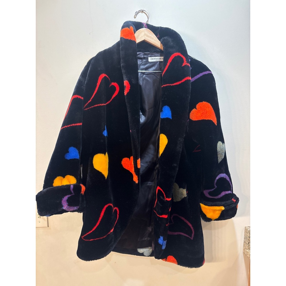Donnybrook Vintage Faux Fur Heart Print Coat Black Multi Oversized Small 1980s